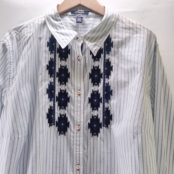 Chaps Womens Button Up Shirt Striped Poplin 3X Blue Embroidery Western Boho - Picture 3 of 10